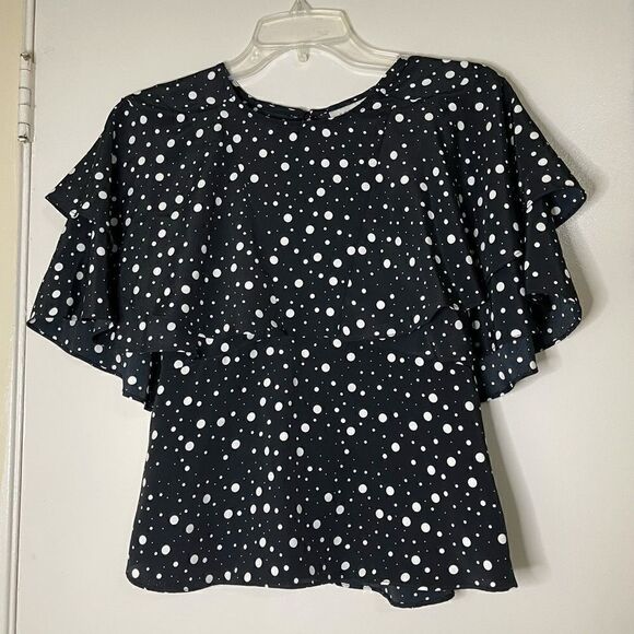 Topshop flutter sleeve black polka dot blouse top - Picture 1 of 6